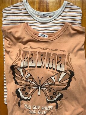 Ardene Peach Graphic Tee + Cream Striped Tee - Women's Short Sleeve